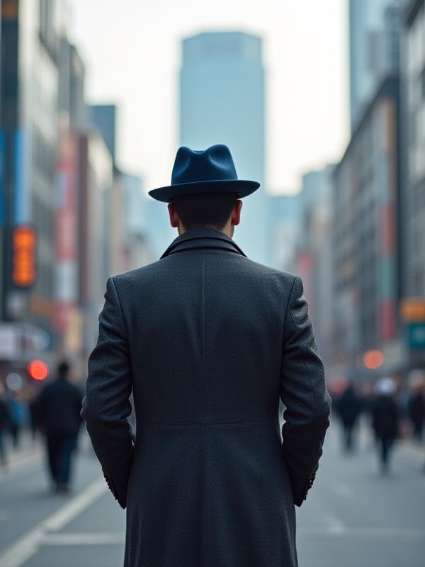 Model in tailored overcoat wearing a classic navy fedora in downtown Seoul